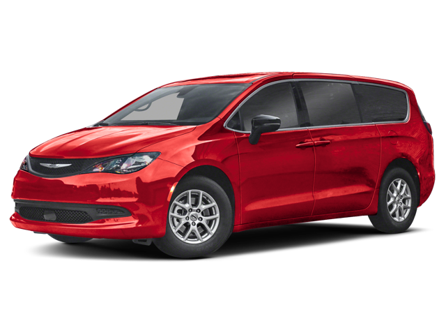 Front driver's side view of a red 2025 Chrysler Voyager