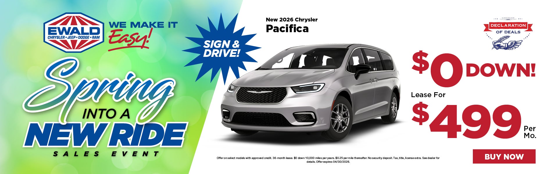 2026 Chrysler Pacifica $0 Down, Lease for $499 