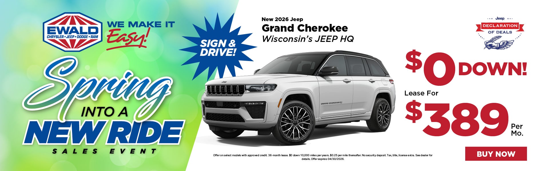 2026 Jeep Grand Cherokee $0 Down, Lease for $389