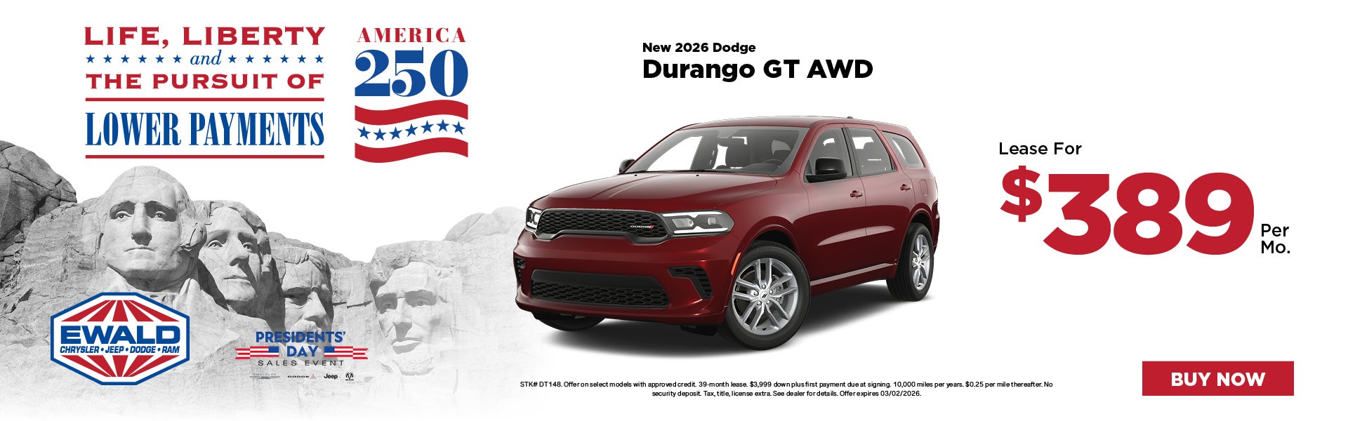 2026 Dodge Durango GT Lease for $389 
