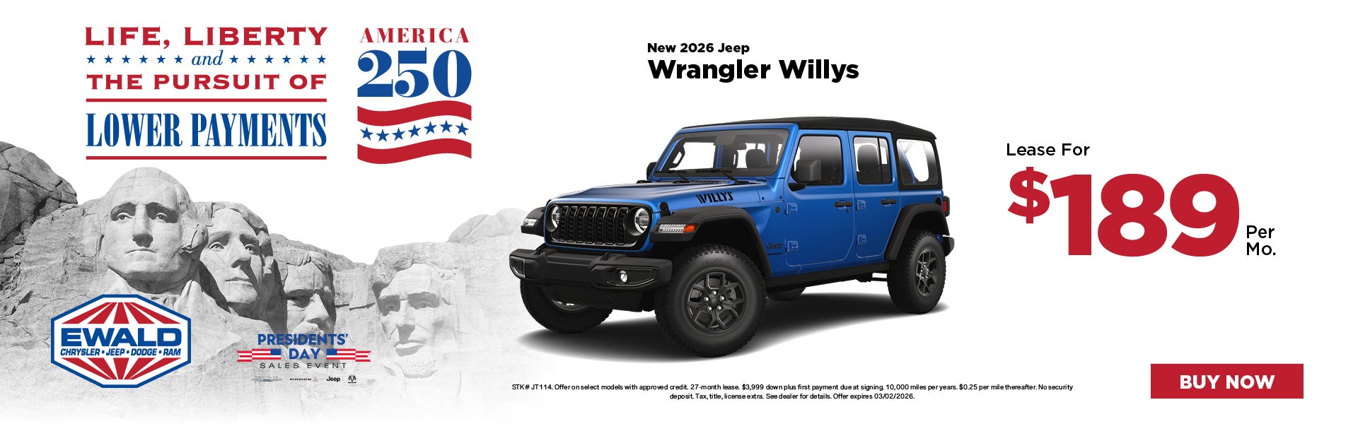 2026 Jeep Wrangler Willys Lease for $189 Per Mo
