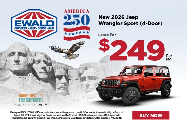 2026 Jeep Wrangler Sport Lease for $249