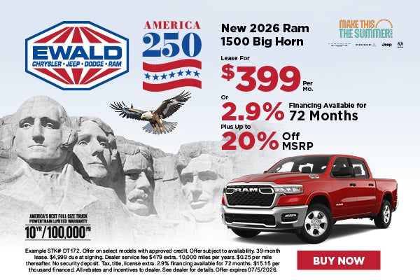 2026 Ram 1500 Lease $399 or 2.9% APR + 20% off MSRP 