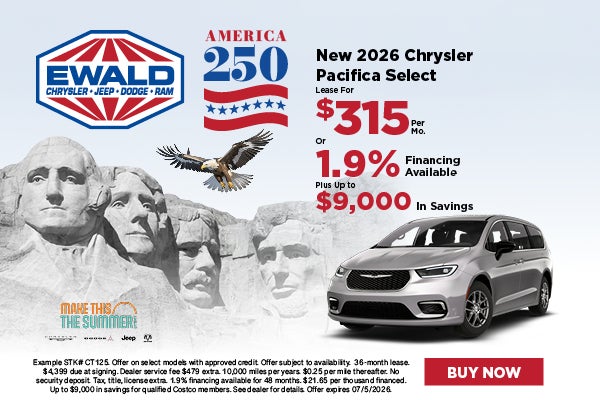 Chrysler Pacifica Select Lease $315 or 1.9%, $9,000 savings