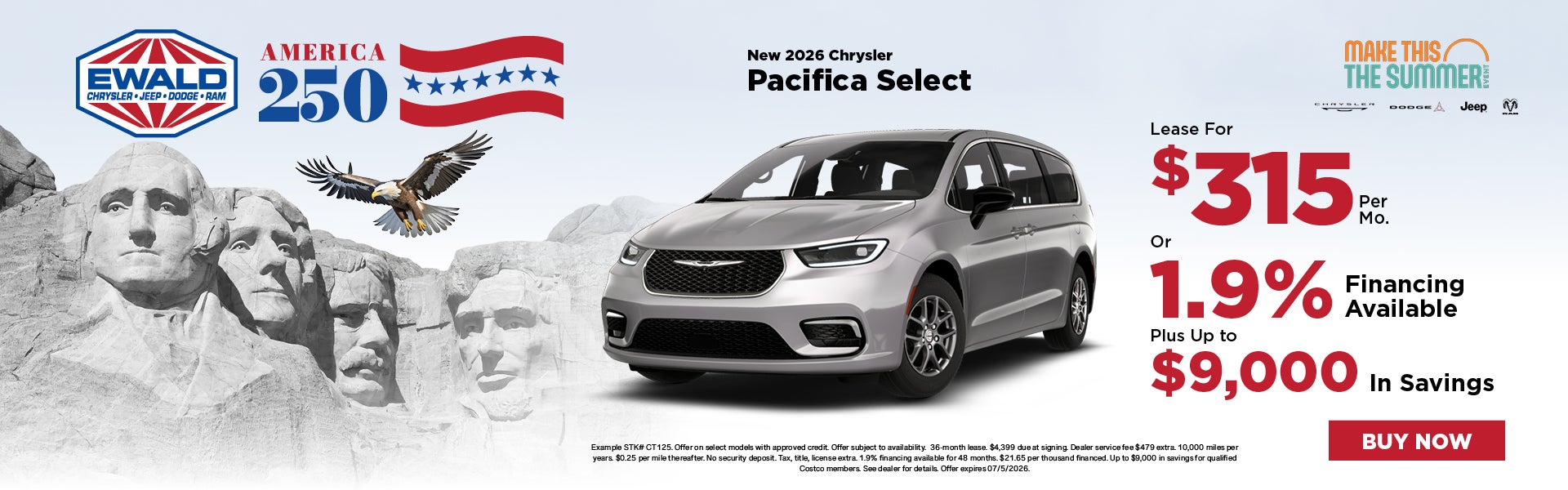 Chrysler Pacifica Select Lease $315 or 1.9%, $9,000 savings