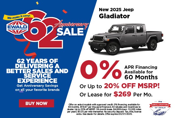 2025 Jeep Gladiator 0% APR or 20% off MSRP or Lease for $269