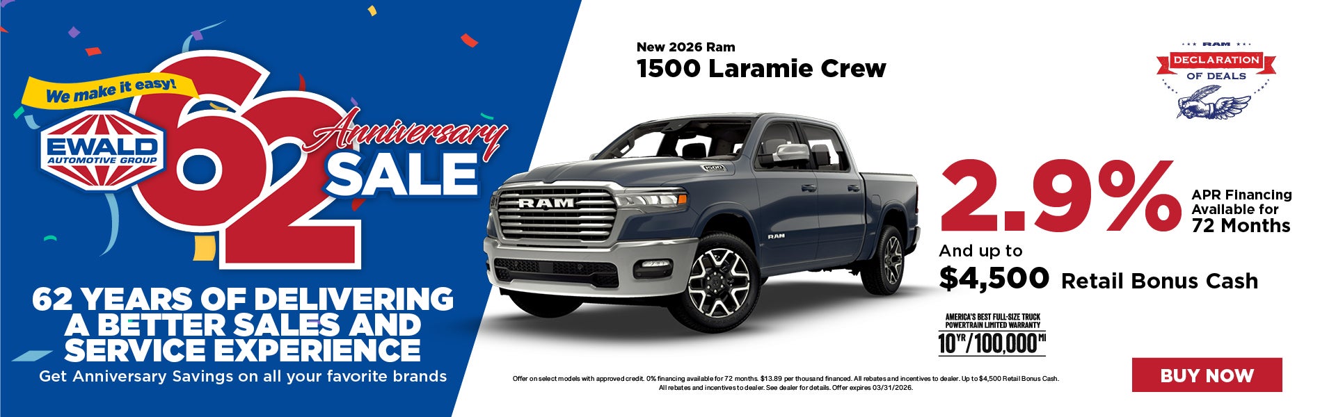 2026 Ram 1500 Laramie Crew 2.9% APR + $4,500 Bonus Cash