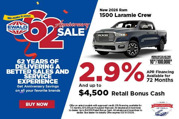 2026 Ram 1500 Laramie Crew 2.9% APR + $4,500 Bonus Cash