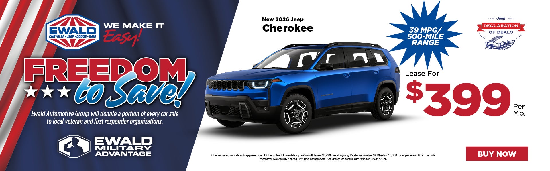 2026 Jeep Cherokee Lease for $399 per mo. 39 MPG, 500 Range