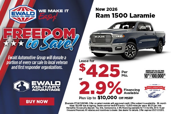 2026 Ram 1500 Laramie $425 or 2.9% APR plus up to 10k off 