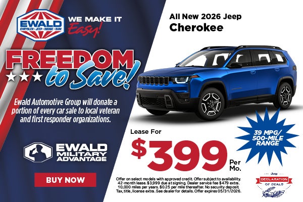 2026 Jeep Cherokee Lease for $399 per mo. 39 MPG, 500 Range