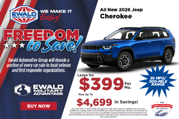 2026 Jeep Cherokee Lease for $399 per mo. plus up to $4,699 