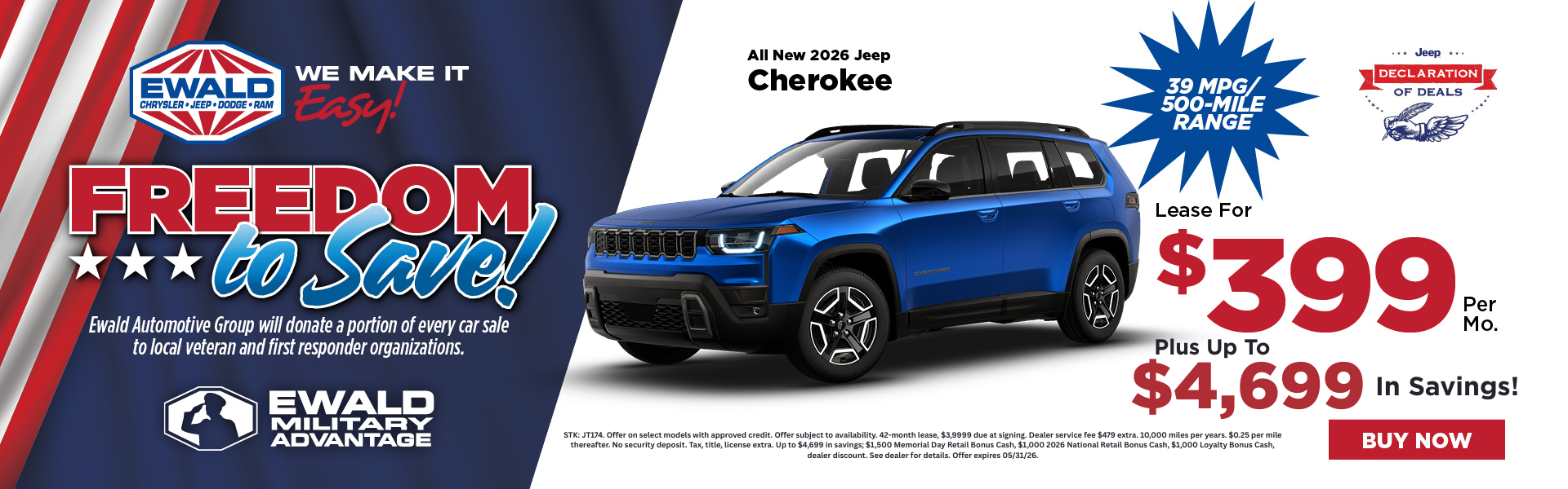 2026 Jeep Cherokee Lease for $399 per mo. plus up to $4,699 