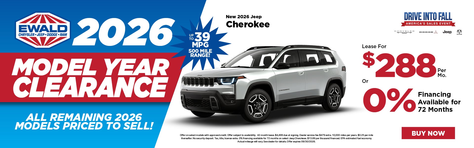 2026 Jeep Cherokee Lease $288 or 0% APR